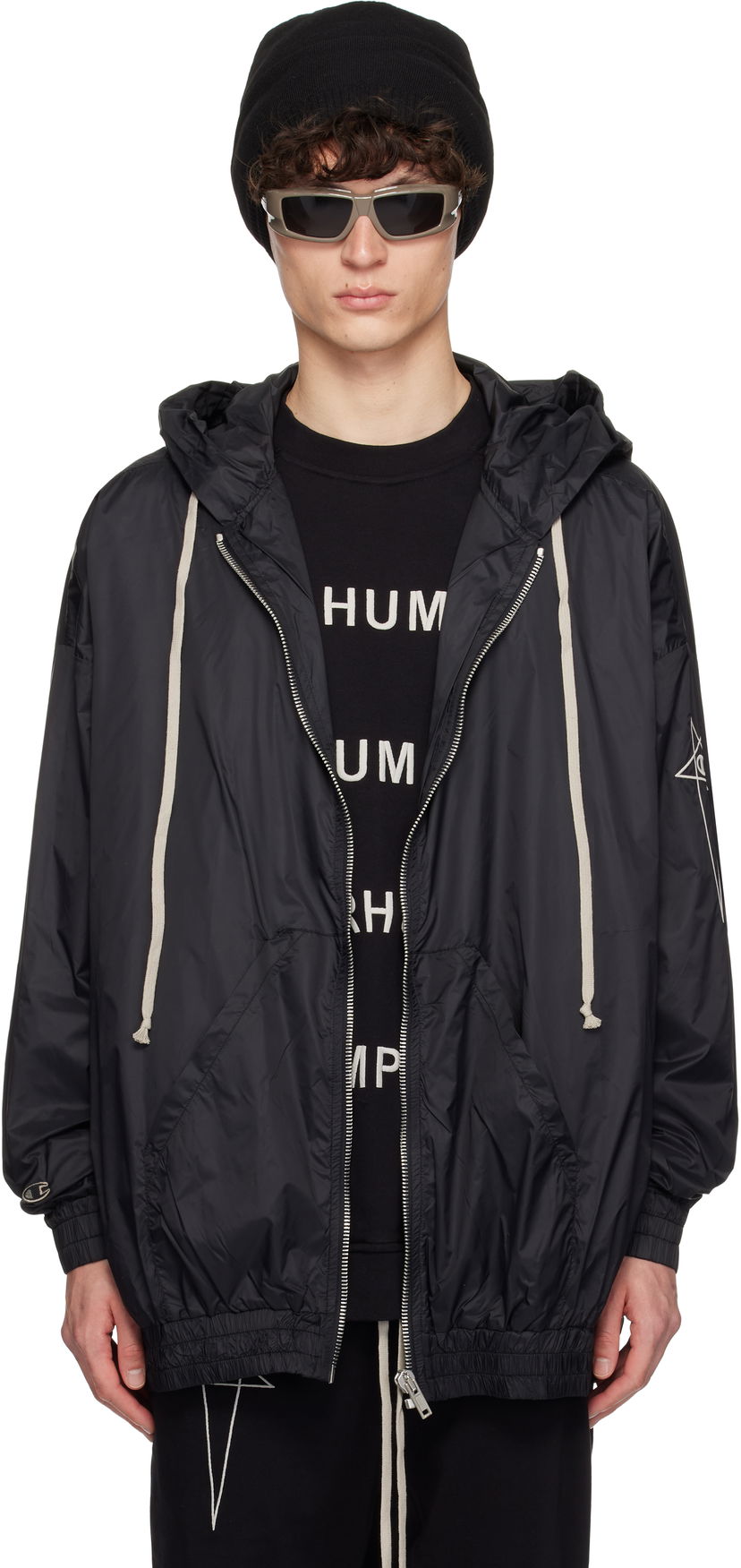 Vindjakke Rick Owens Rick Owens Champion Edition Jumbo Jason's Hoodie Sort | CM01E1661 CHNY NYLON