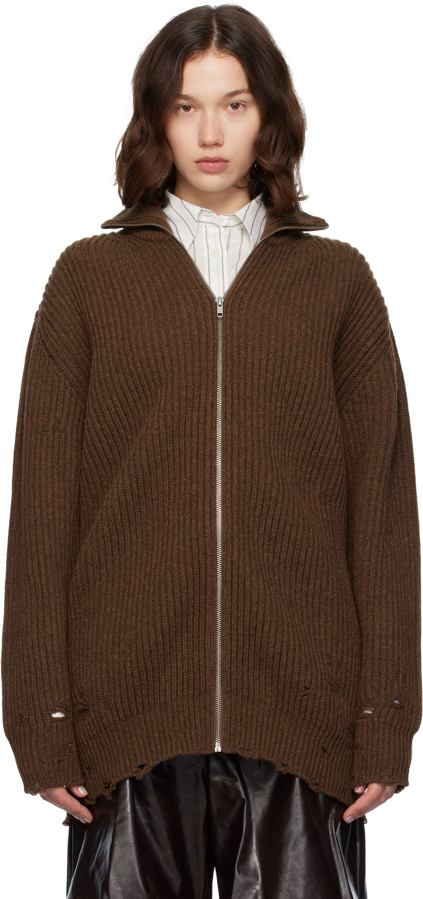 Sweater Maison Margiela MM6 Maison Margiela Ribbed Knit Zip-Up Sweater Brun | S52AM0322 M13138