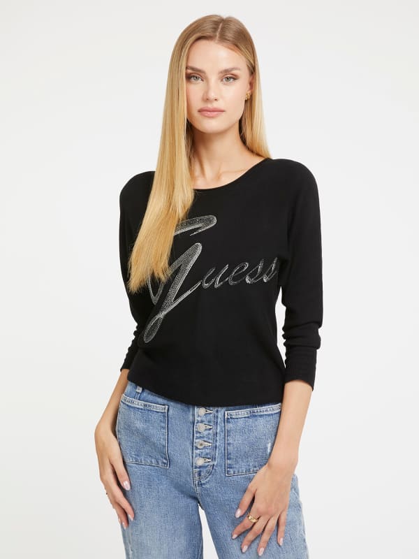 Sweatshirt GUESS Rhinestones Front Logo Sort | W3BR25Z2NQ2, 0