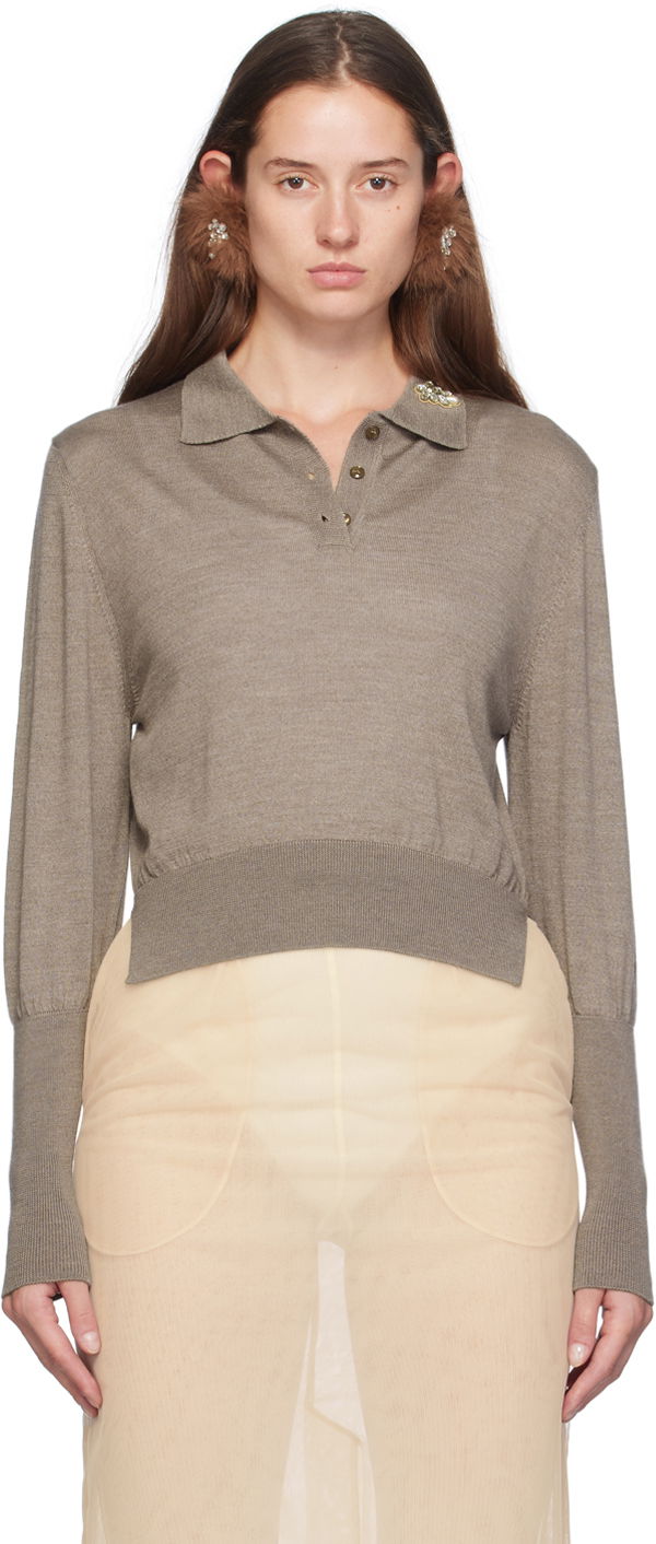 Polo skjorte Simone Rocha Simone Rocha Merino Silk Knit Long Sleeve Polo Brun | KMK4B 0647