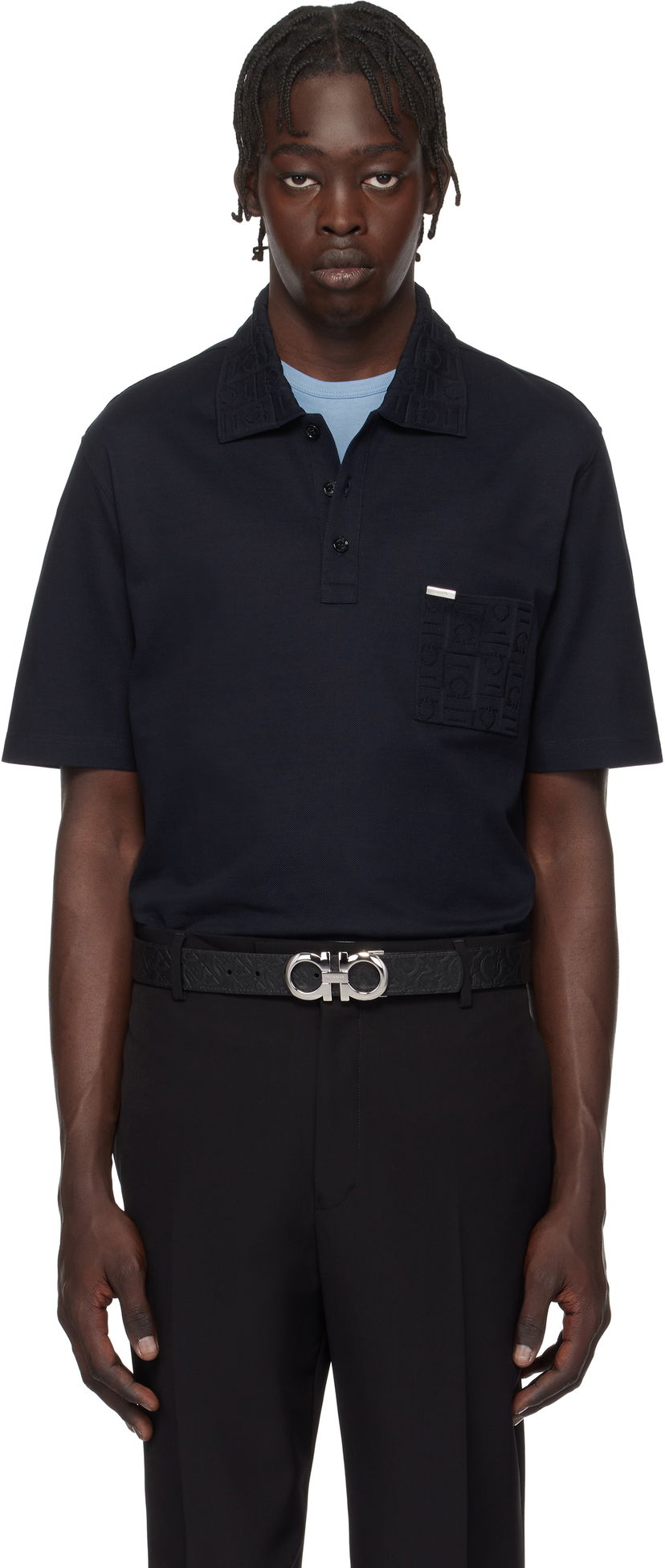 Polo skjorte FERRAGAMO Salvatore Ferragamo Jacquard Pocket Polo Mørkeblå | 781014