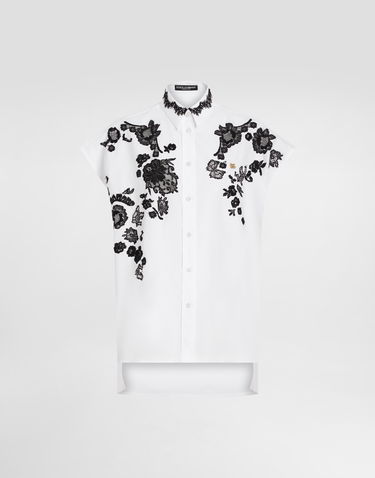 Skjorte Dolce & Gabbana Dolce & Gabbana Oversize Cotton Poplin Shirt with Lace Appliqués Hvid | F5T38TGDCTKW0800, 0