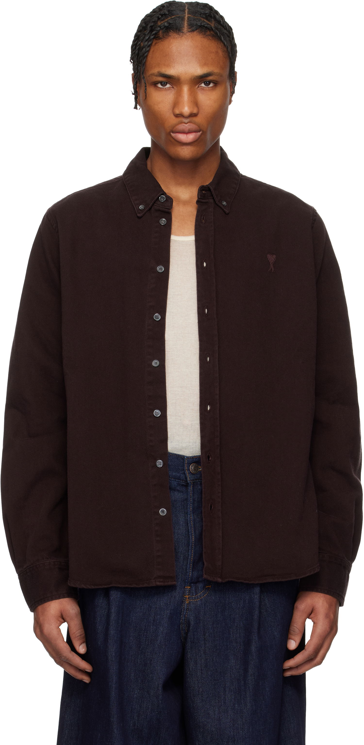 Skjorte AMI AMI Cotton Button-Down Ami de Coeur Shirt Bourgogne | USH060.DE0054, 0