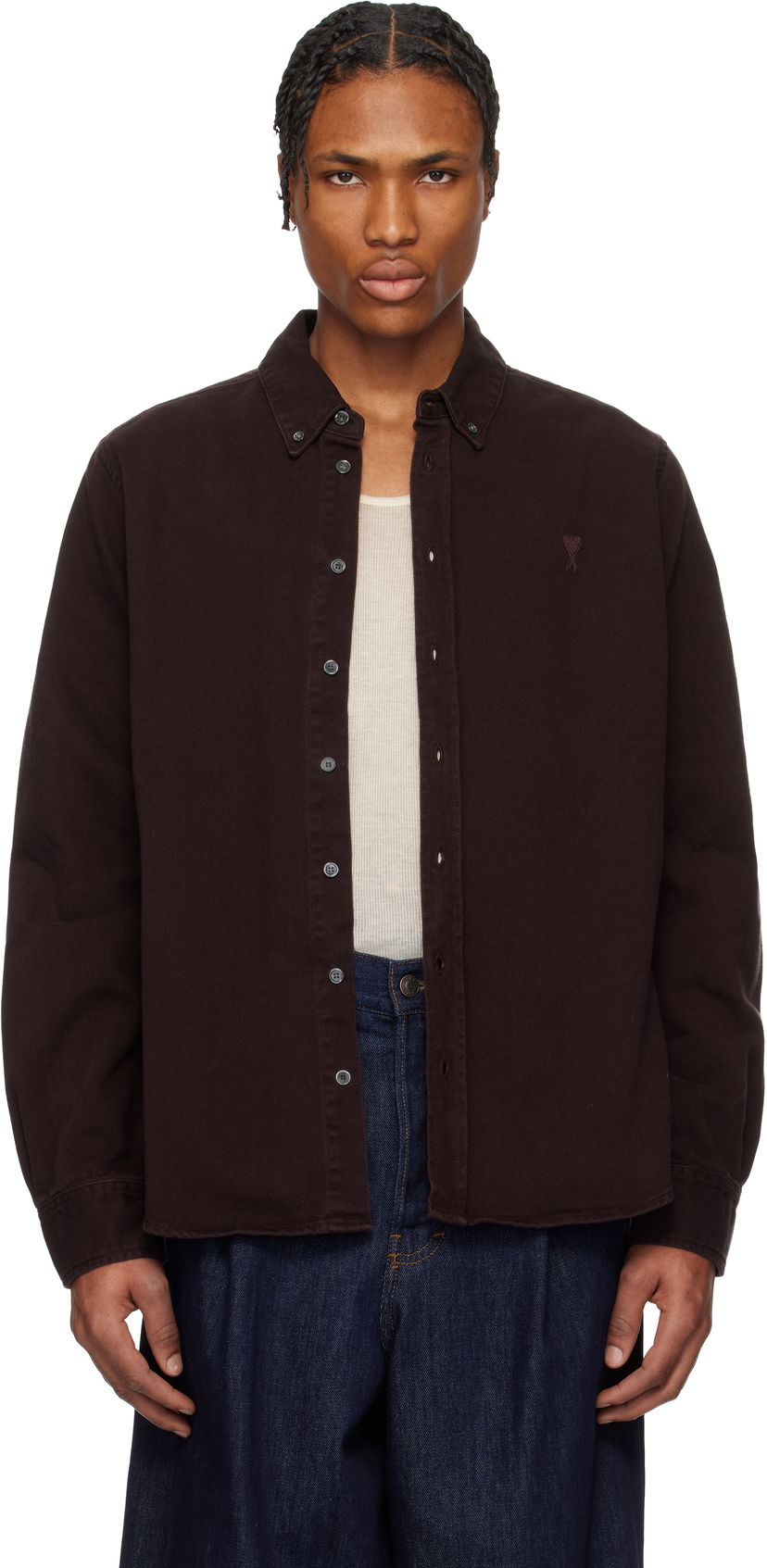 Skjorte AMI AMI Cotton Button-Down Ami de Coeur Shirt Bourgogne | USH060.DE0054