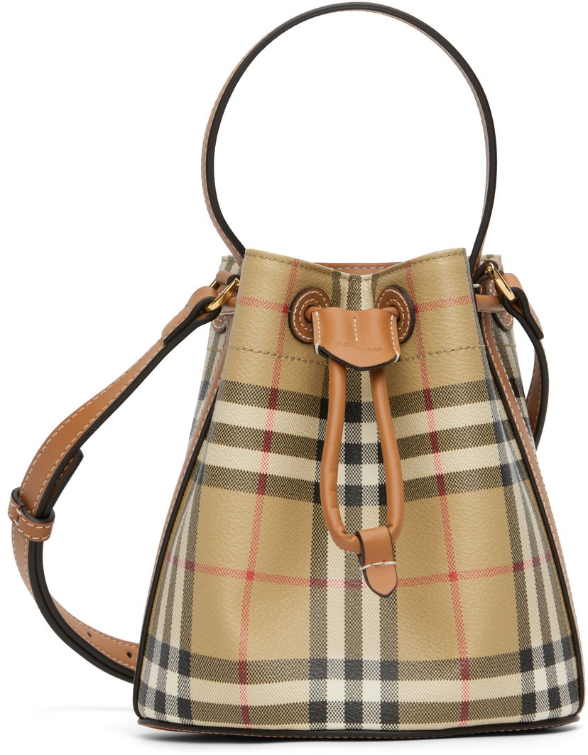 Håndtaske Burberry Burberry Vintage Check & Leather Drawstring Bucket Bag Beige | 8109794