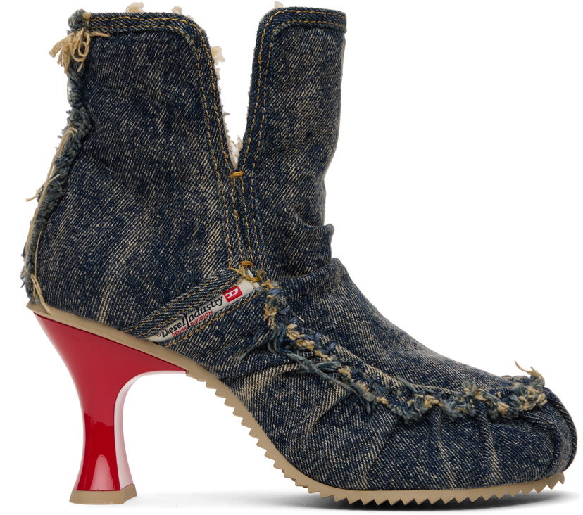Sneakers og sko Diesel D-Woodstock Ab Distressed Denim Flared Heel Ankle Boots Flerfarvet | Y03696 P1848