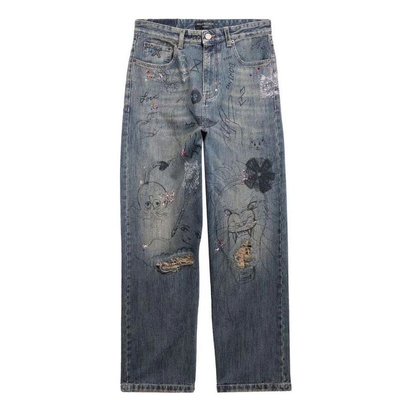 Jeans Balenciaga Balenciaga Doodle-Print Straight Denim Pants Blå | 746986TOW664036