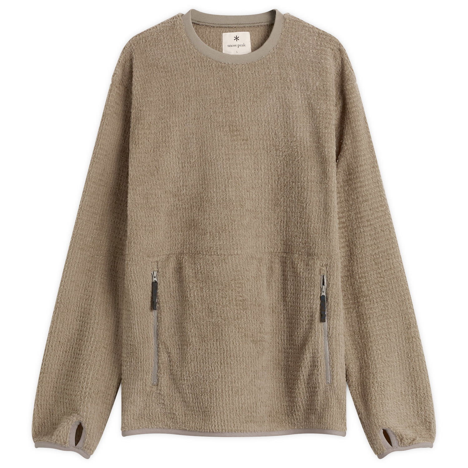 Sweatshirt Snow Peak Textured Thermo Control Crew Neck Pullover with Zippered Pockets and Thumbholes Beige | SW-25AU0050-GRY, 1