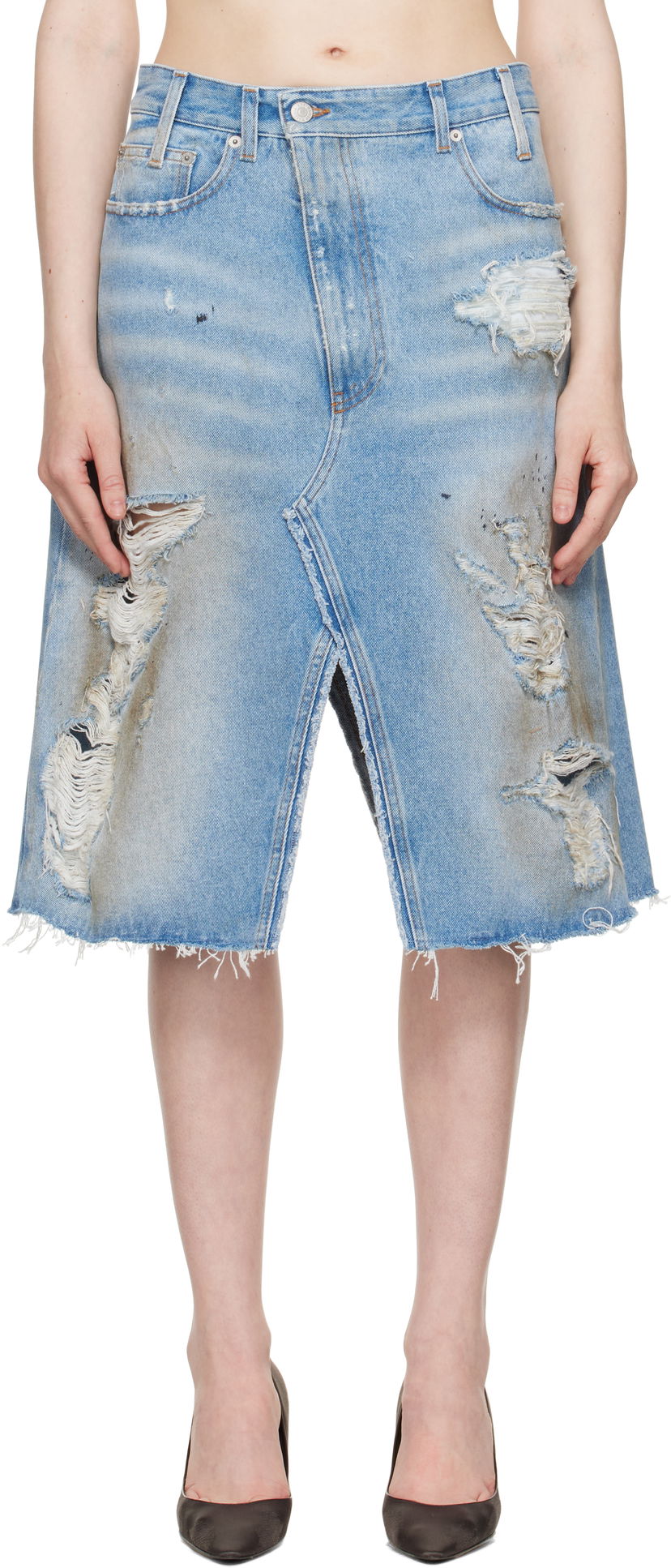 Nederdel Maison Margiela MM6 Maison Margiela Distressed Denim Midi Skirt Blå | S62MI0034 M30018