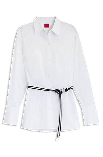 Skjorte BOSS Slim Fit Long Blouse with Faux Leather Belt Hvid | 50543364