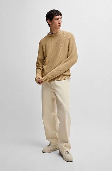 Sweater BOSS HUGO Ribbed Cotton Sweater with Logo Badge Beige | 50518744, 1