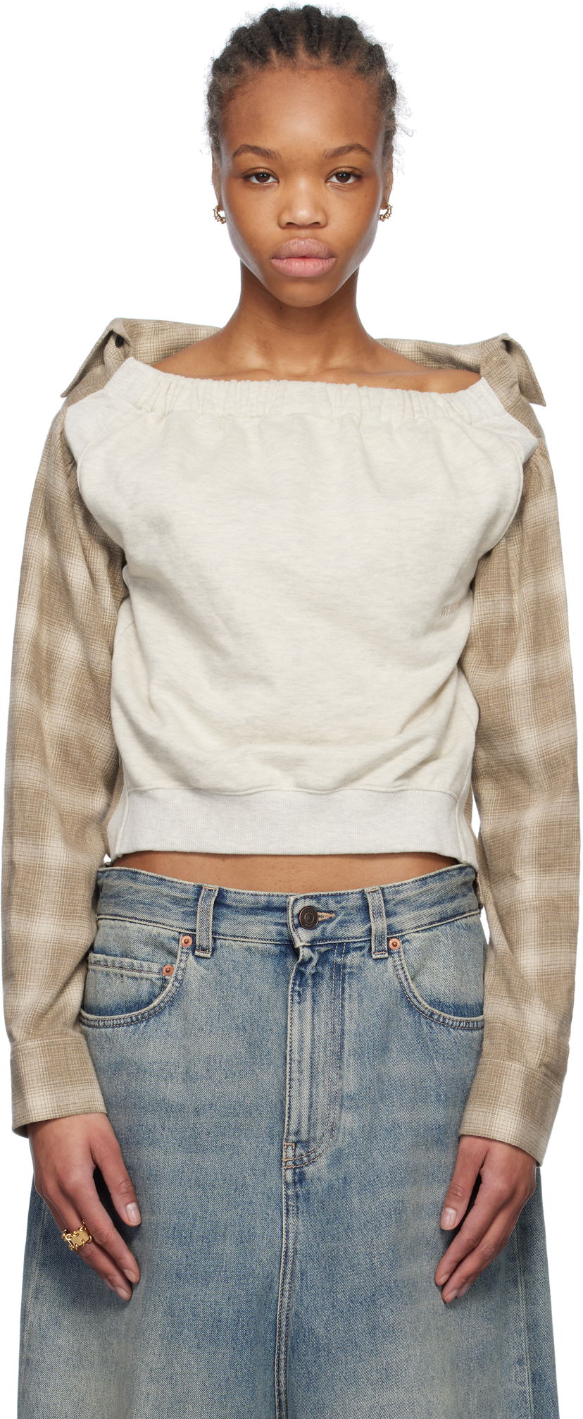Sweater We11done We11done Check Panel Off-Shoulder Sweatshirt Beige | WD-BL0-25-153-W-BG