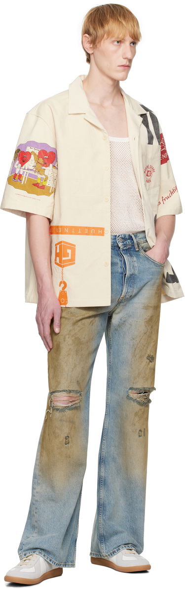Skjorte Marine Serre Marine Serre Regenerated Bowling Shirt Beige | USI028A UWOV0009, 3