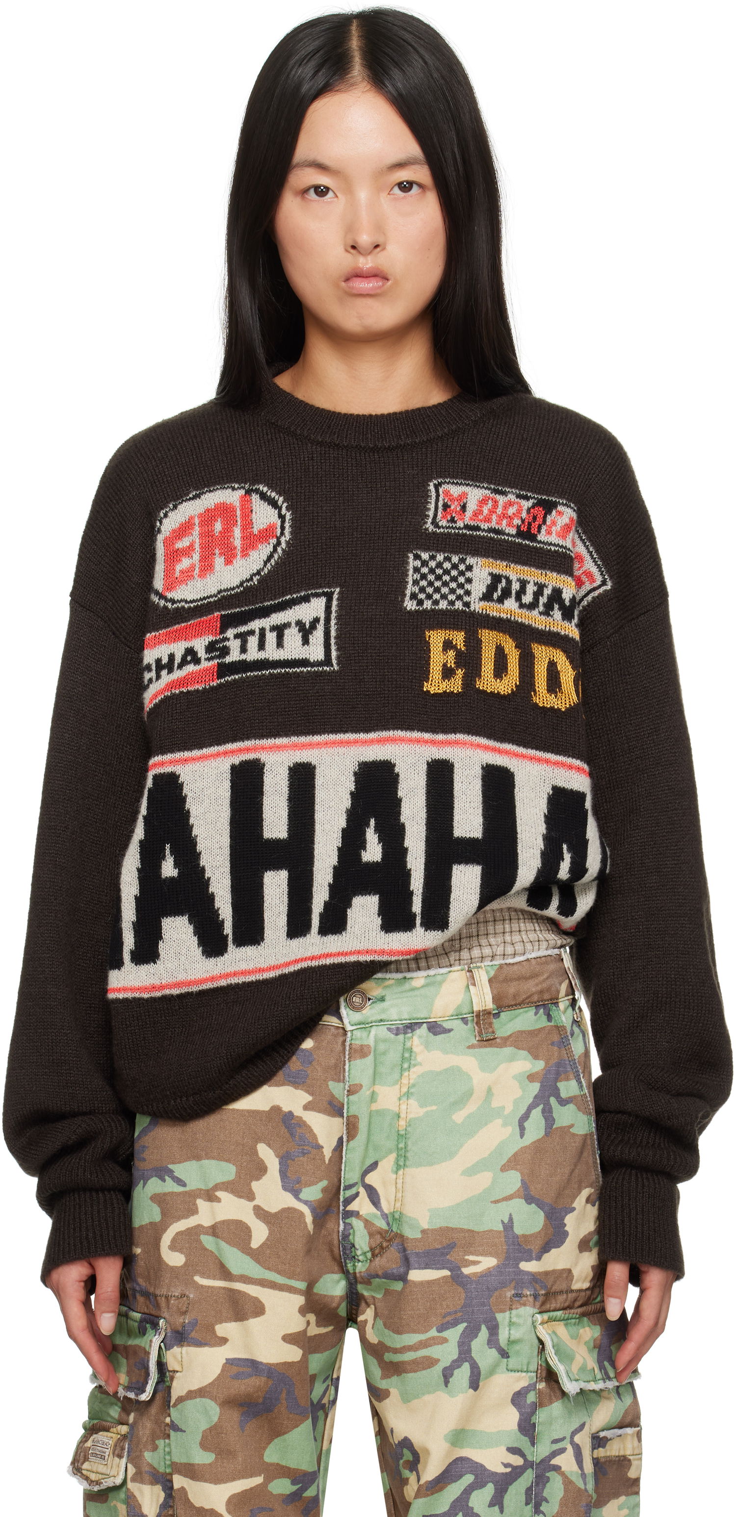 Sweater ERL 'HAHAHAH' Graphic Knit Sweater Brun | ERL09N007, 0