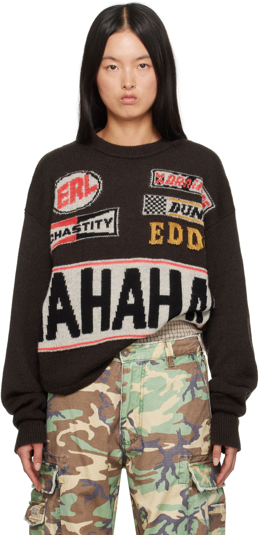 Sweater ERL 'HAHAHAH' Graphic Knit Sweater Brun | ERL09N007