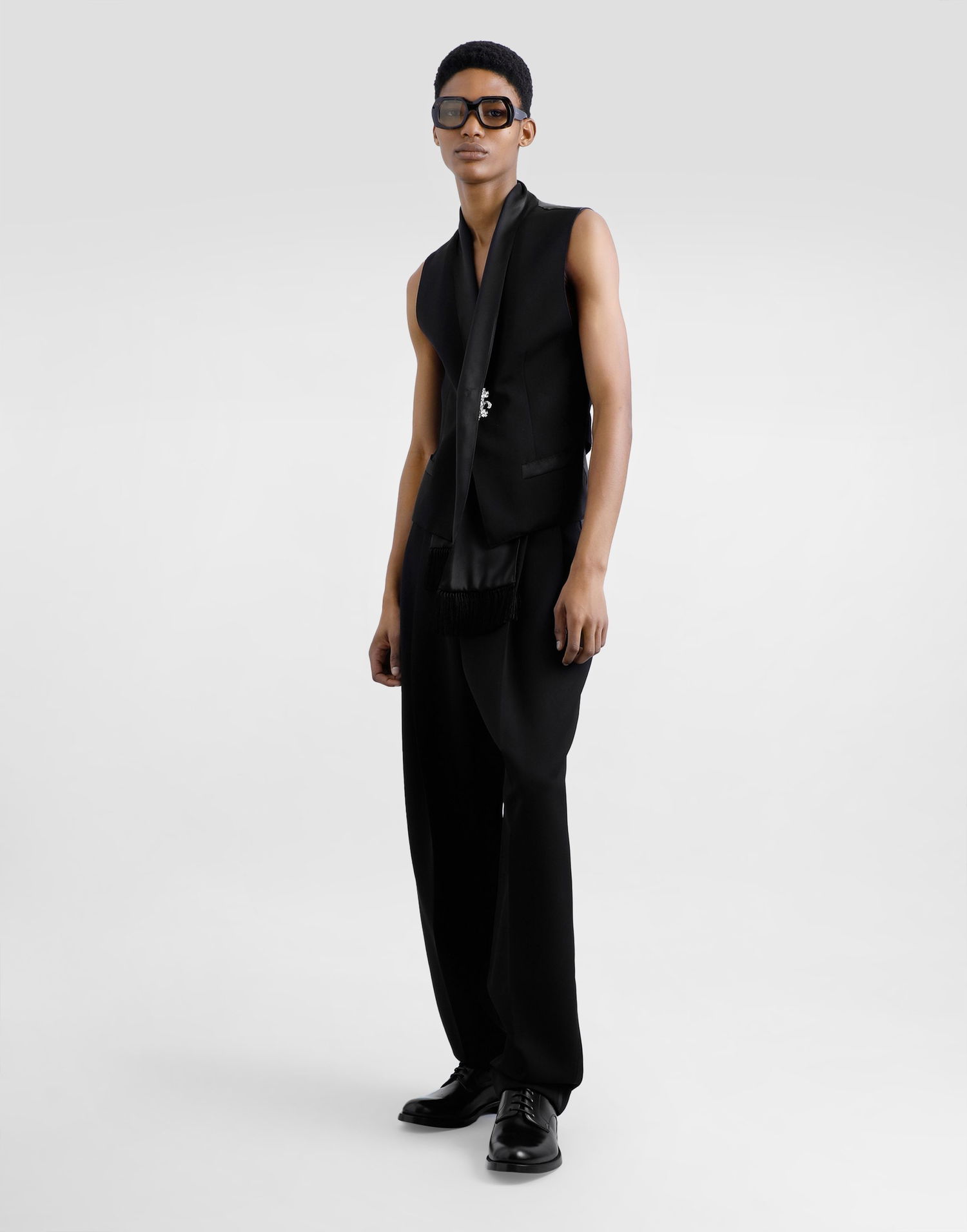 Vest Dolce & Gabbana Wool Gabardine Vest with Satin Trim and Fringes Sort | G715FTFU21EN0000, 1
