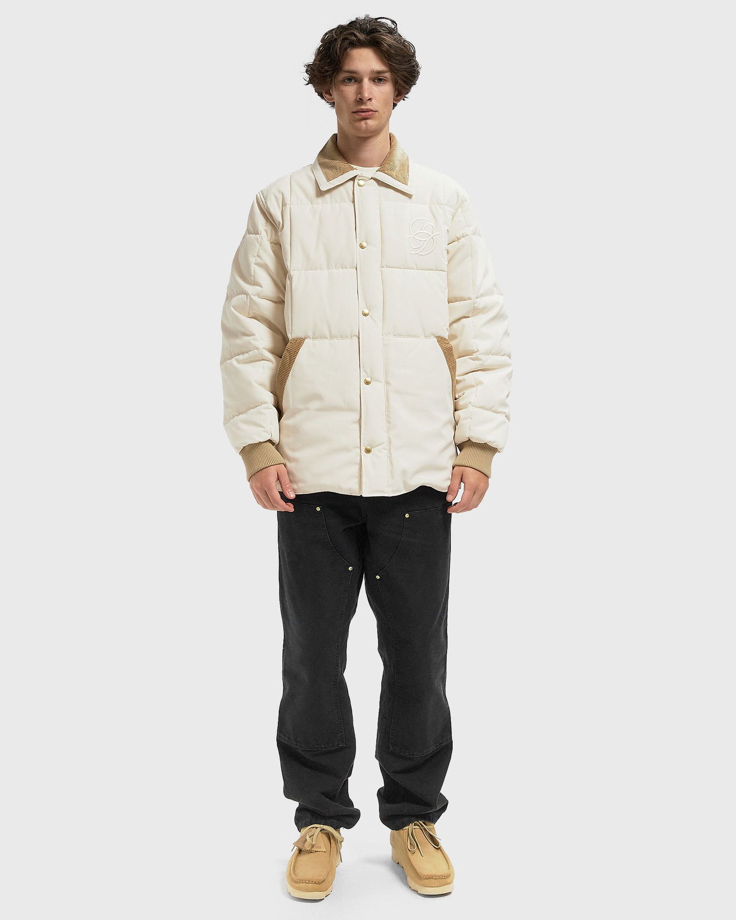 Puffer jakke Drôle de Monsieur Quilted Jacket with Embroidered Logo and Corduroy Collar Beige | I-CT139-PL163-OW, 1