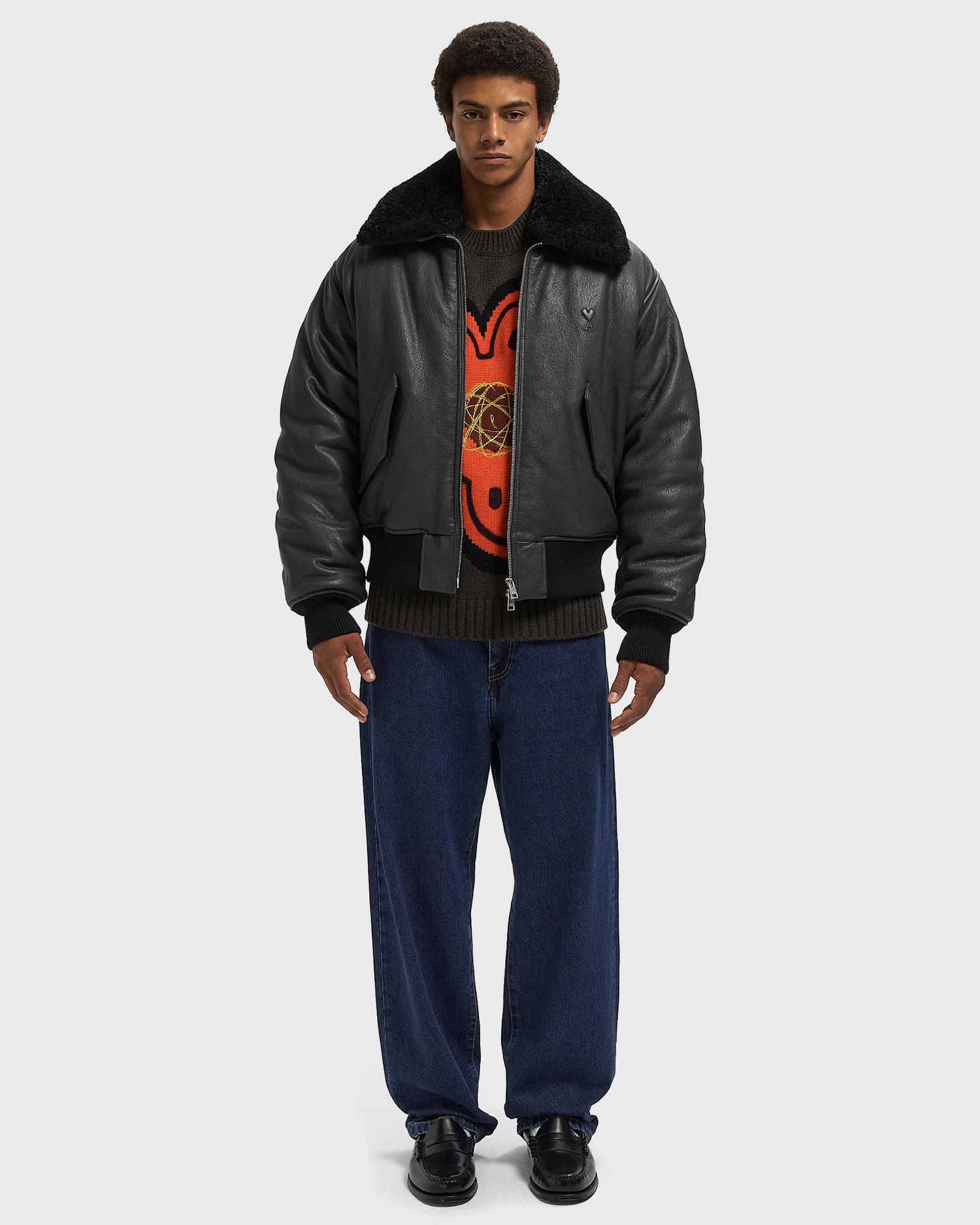 Bomberjakke AMI Leather Bomber Jacket with Shearling Collar Sort | HJK857.LH0044-020, 1
