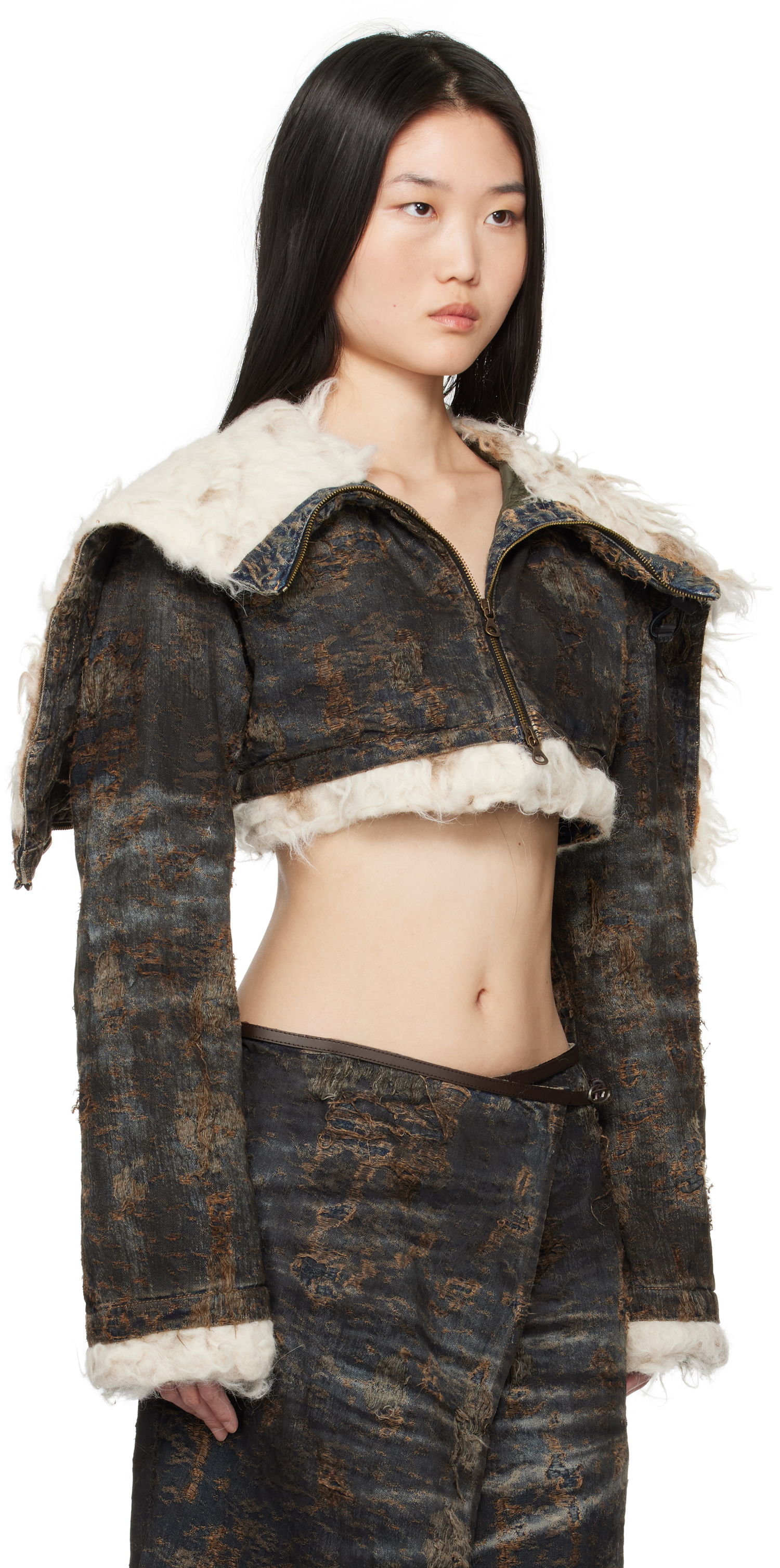 Jakke Diesel Cropped Distressed Denim Jacket with Faux Fur Sort | A17128 0ABCW, 1