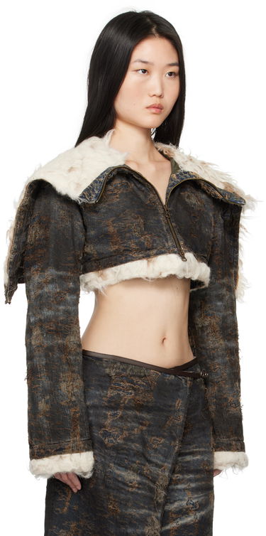 Jakke Diesel Cropped Distressed Denim Jacket with Faux Fur Sort | A17128 0ABCW, 1