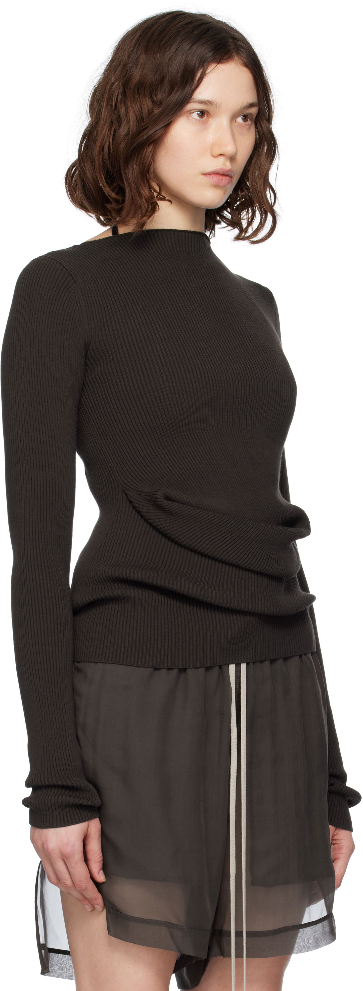 Sweater Rick Owens Rick Owens Ribbed Knit Babel Sweater Brun | RP02E4639 RIBVI, 1