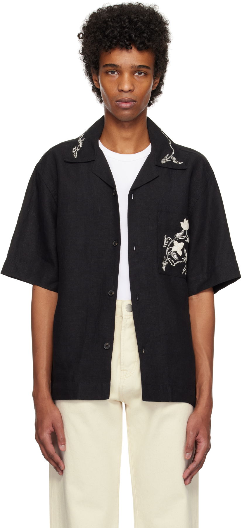Skjorte Róhe Hand Embroidered Short Sleeve Shirt Sort | 314-19-084