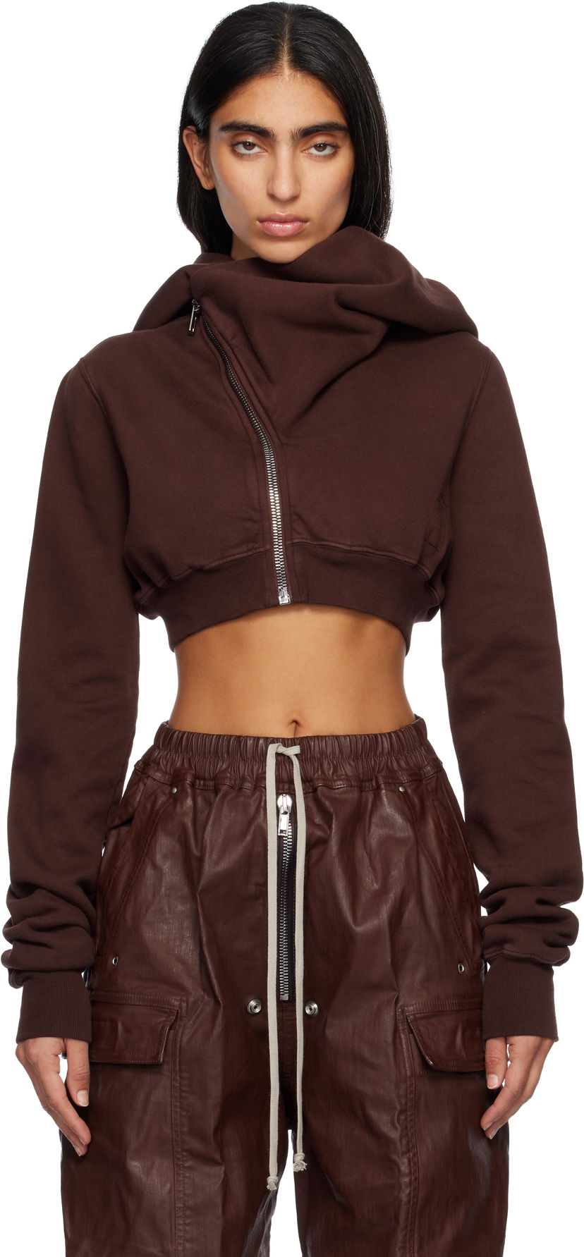 Sweatshirt Rick Owens Concordians Micro Mountain Cropped Asymmetric Zip Hoodie Brun | DS02E7237 F