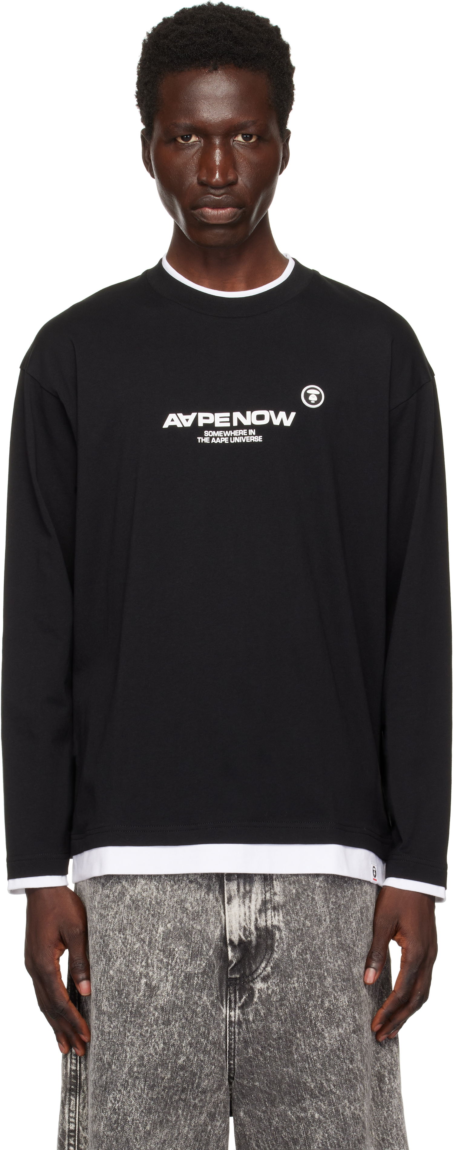 T-shirt AAPE by A Bathing Ape AAPE by A Bathing Ape 'AAPE Now' Layered Long Sleeve T-Shirt Sort | AAPLTM1543XXNBKX, 0