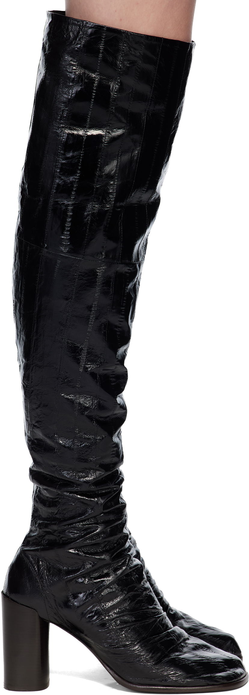 Sneakers og sko LEMAIRE Glove 80 Crinkled Patent Over-the-Knee Block Heel Boots Sort | FO0215 LL0156