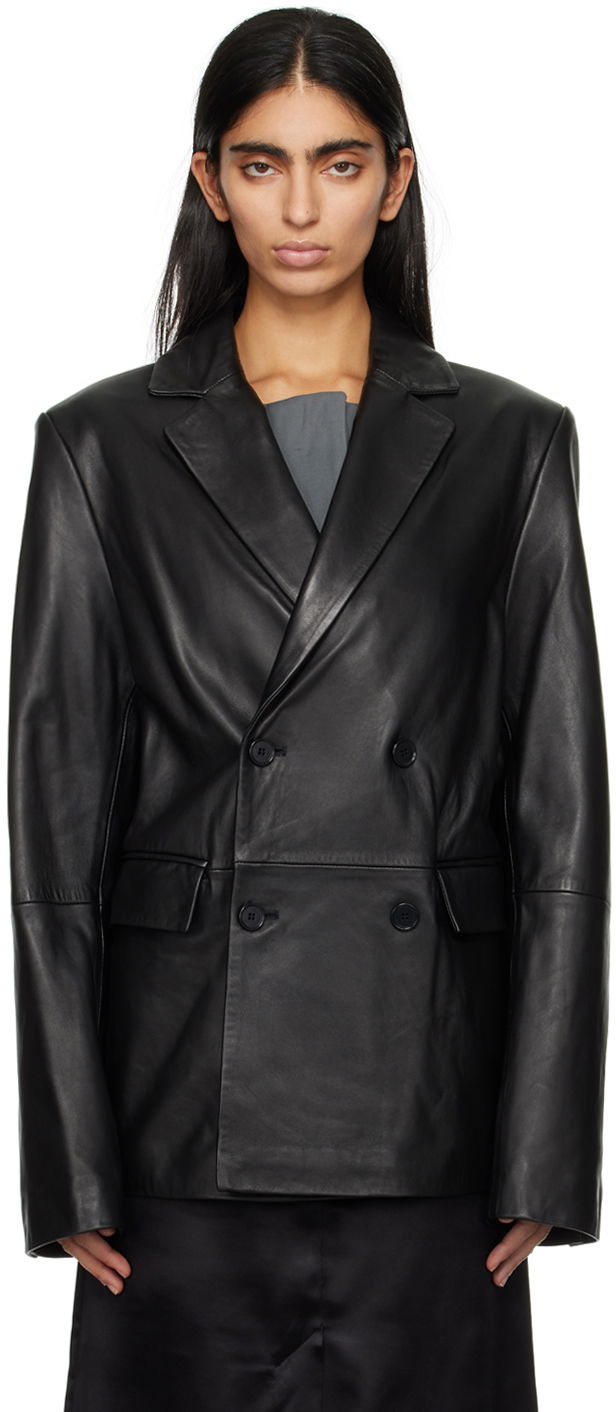 Jakke Loulou de Saison Loulou de Saison Davao Double-Breasted Leather Jacket Sort | DAVAO
