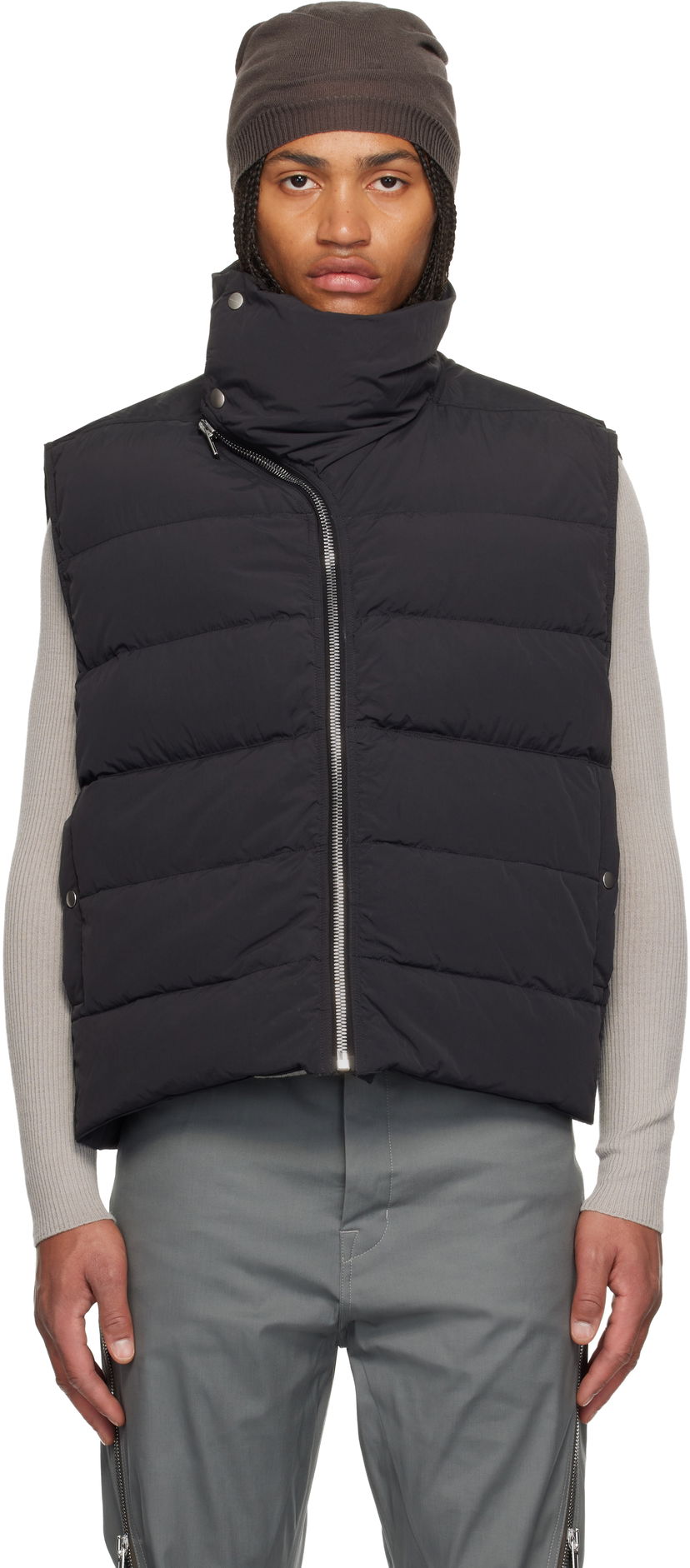 Vest Rick Owens Concordians Flight High Neck Asymmetrical Zip Puffer Down Vest Sort | RU02E1798 MTD1