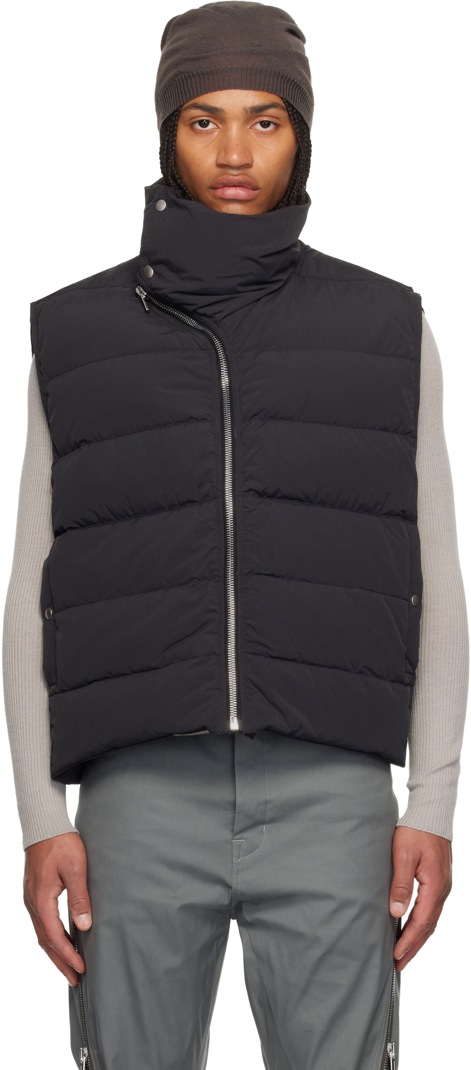 Vest Rick Owens Concordians Flight High Neck Asymmetrical Zip Puffer Down Vest Sort | RU02E1798 MTD1, 0