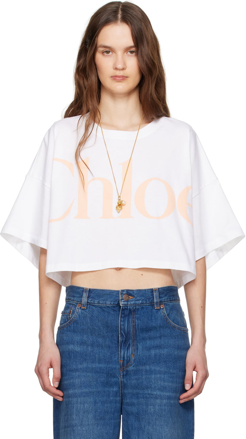 Crop top CHLOÉ Chloe Oversized Cropped Logo T-Shirt Hvid | CH25UJH09183