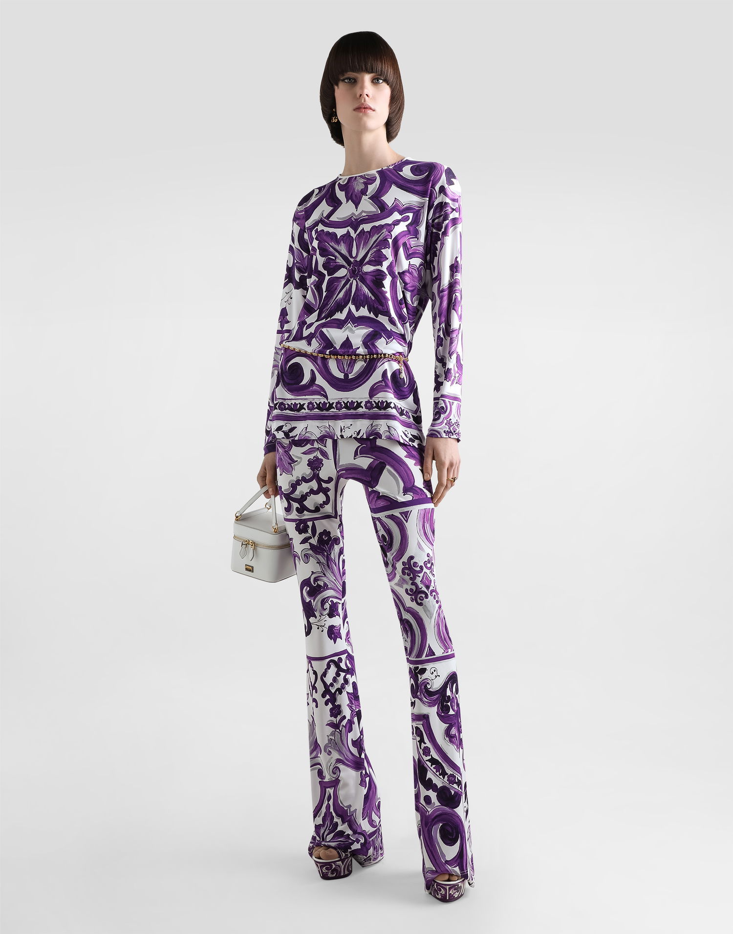 Bukser Dolce & Gabbana Dolce & Gabbana Majolica-Print Flared Viscose Trousers Lilla | FTDB6TFS8C0IP3TN, 1