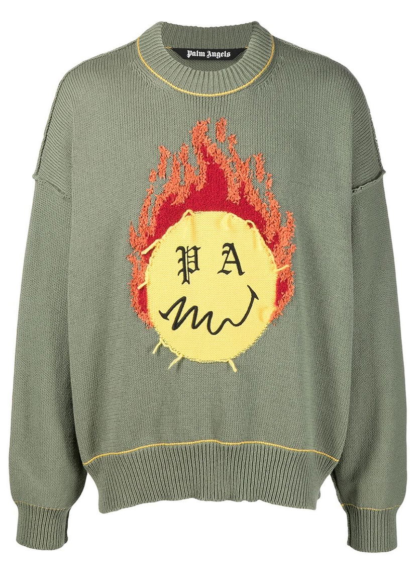 Sweatshirt Palm Angels Smiley Intarsia Burning Head Knitted Crewneck Green Yellow Grøn | PMHE007R21KNI0015618