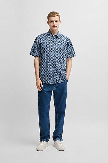 Skjorte BOSS Regular Fit Printed Cotton Poplin Shirt Blå | 50537372, 1