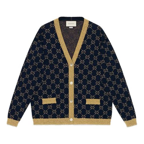 Sweater Gucci V-Neck Cardigan with Metallic Pattern Blå | 529193-X9W83-4921