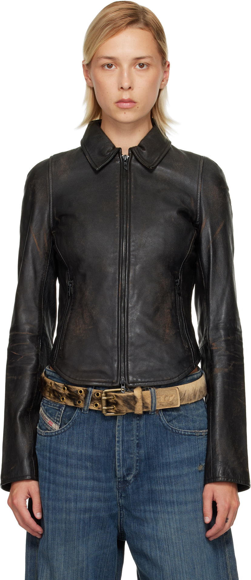 Jakke Diesel L-Egrad Distressed Leather Jacket Sort | A19596 0ILBS