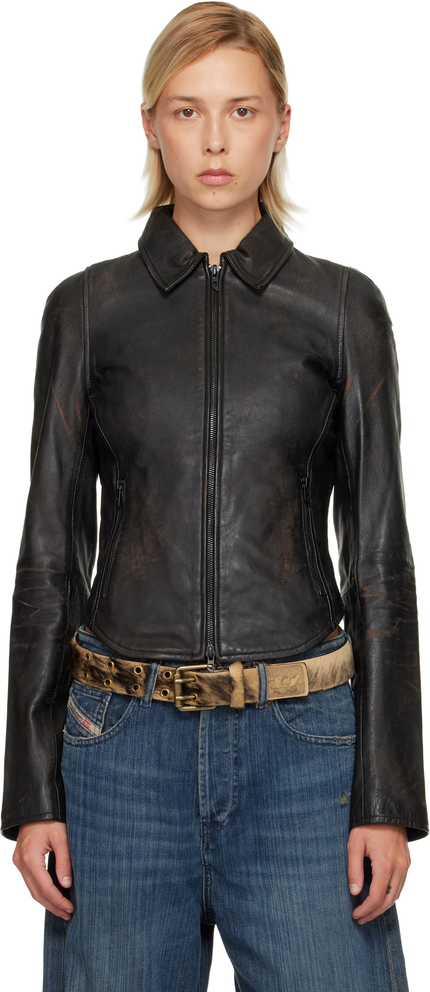 Jakke Diesel L-Egrad Distressed Leather Jacket Sort | A19596 0ILBS, 0