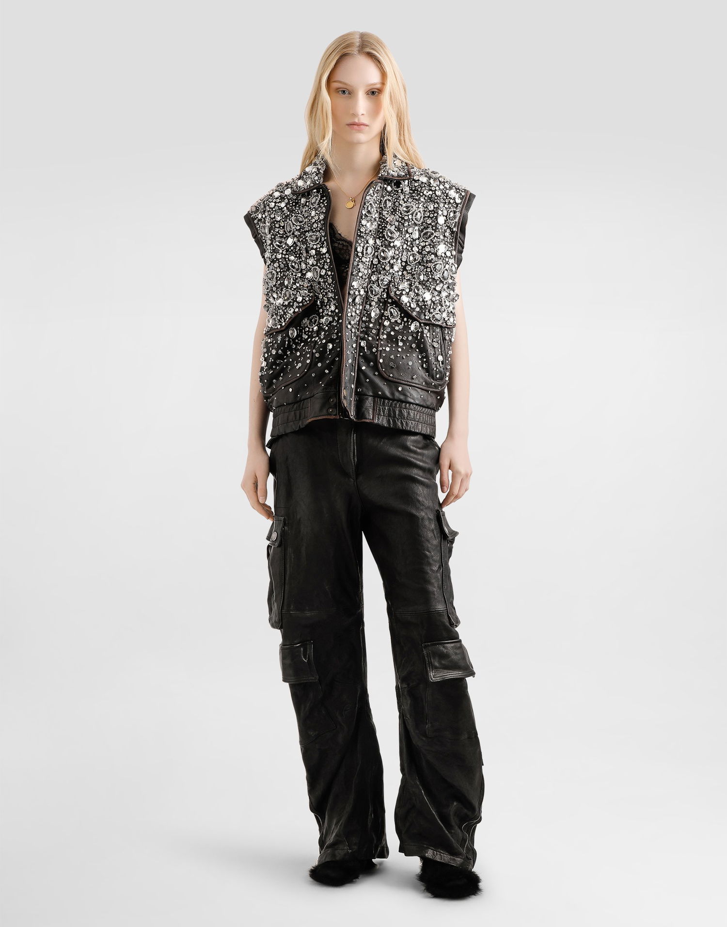 Vest Dolce & Gabbana Dolce & Gabbana Vintage Leather Crystal-Embellished Vest Sort | F7BD4ZGDDGAS8400, 1