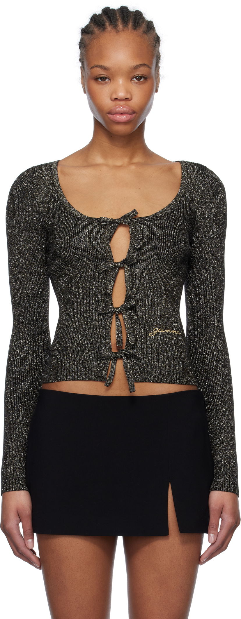 Sweater GANNI GANNI Sparkle Tie String Cardigan Sort | K2358
