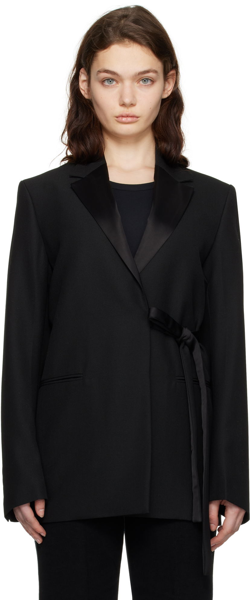 Jakke TOTEME TOTEME Satin-Lapel Wrap Blazer Sort | 251-WRZ4728-FB0026