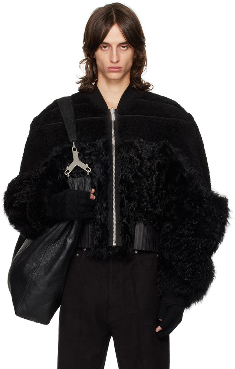 Bomberjakke Rick Owens Rick Owens Porterville Girdered Reversible Shearling Bomber Jacket Sort | RU02D6792 LSHMTR