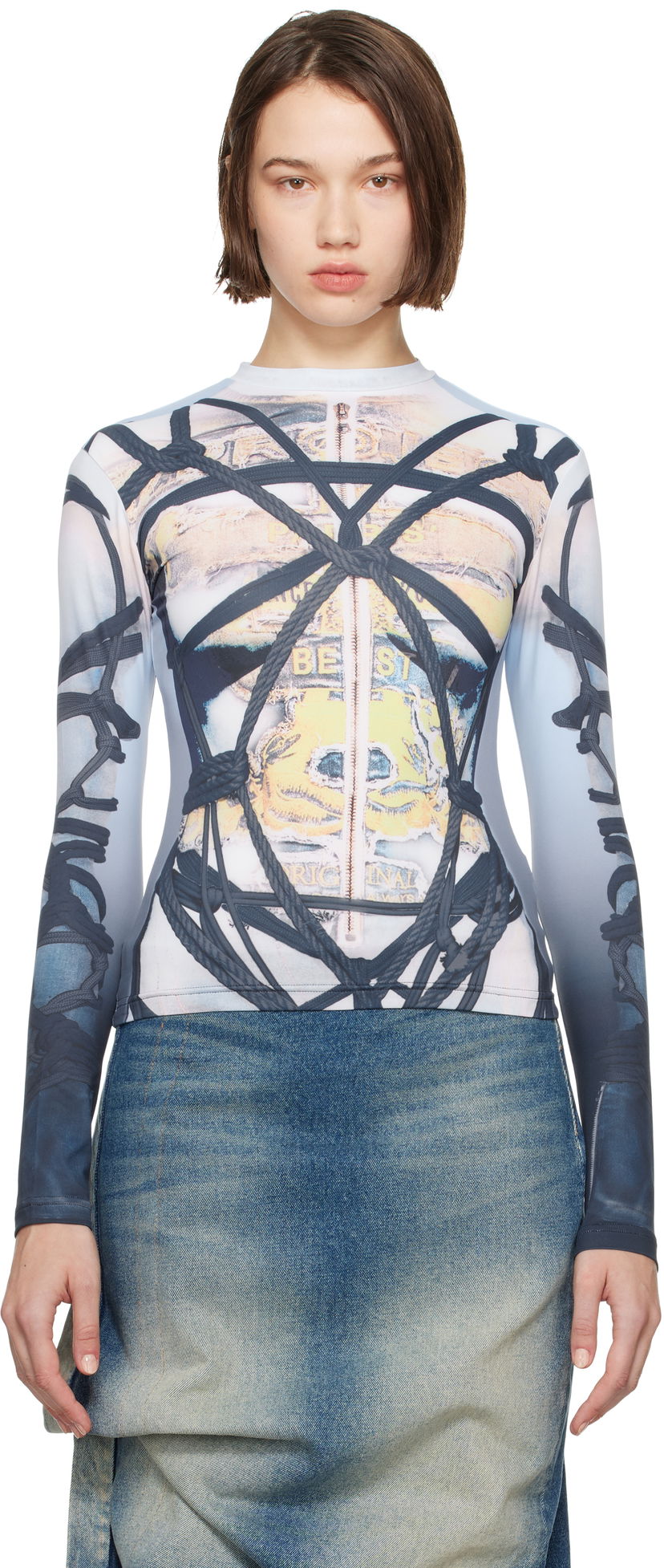 T-shirt Y/PROJECT Bondage Print Long Sleeve Fitted T-shirt Blå | 104TO012