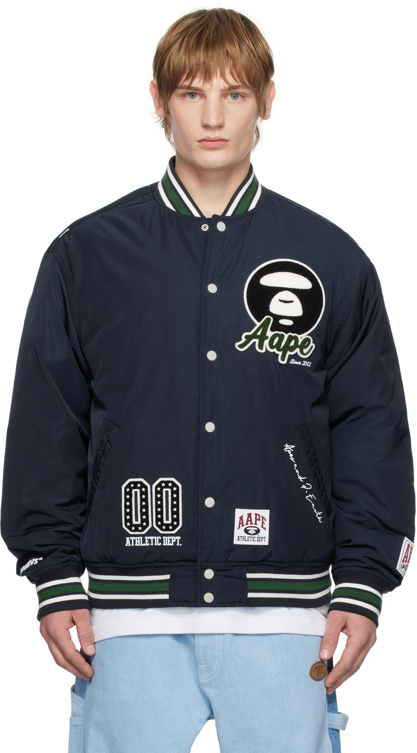 Bomberjakke AAPE by A Bathing Ape AAPE By A Bathing Ape Moonface Logo Varsity Jacket Mørkeblå | AAPJKM7676XXNNYD