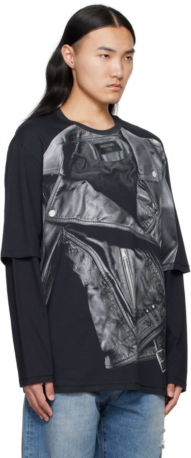 T-shirt Balmain Balmain Long Sleeve Biker Jacket Graphic T-Shirt Sort | EH1EM016GE40, 1