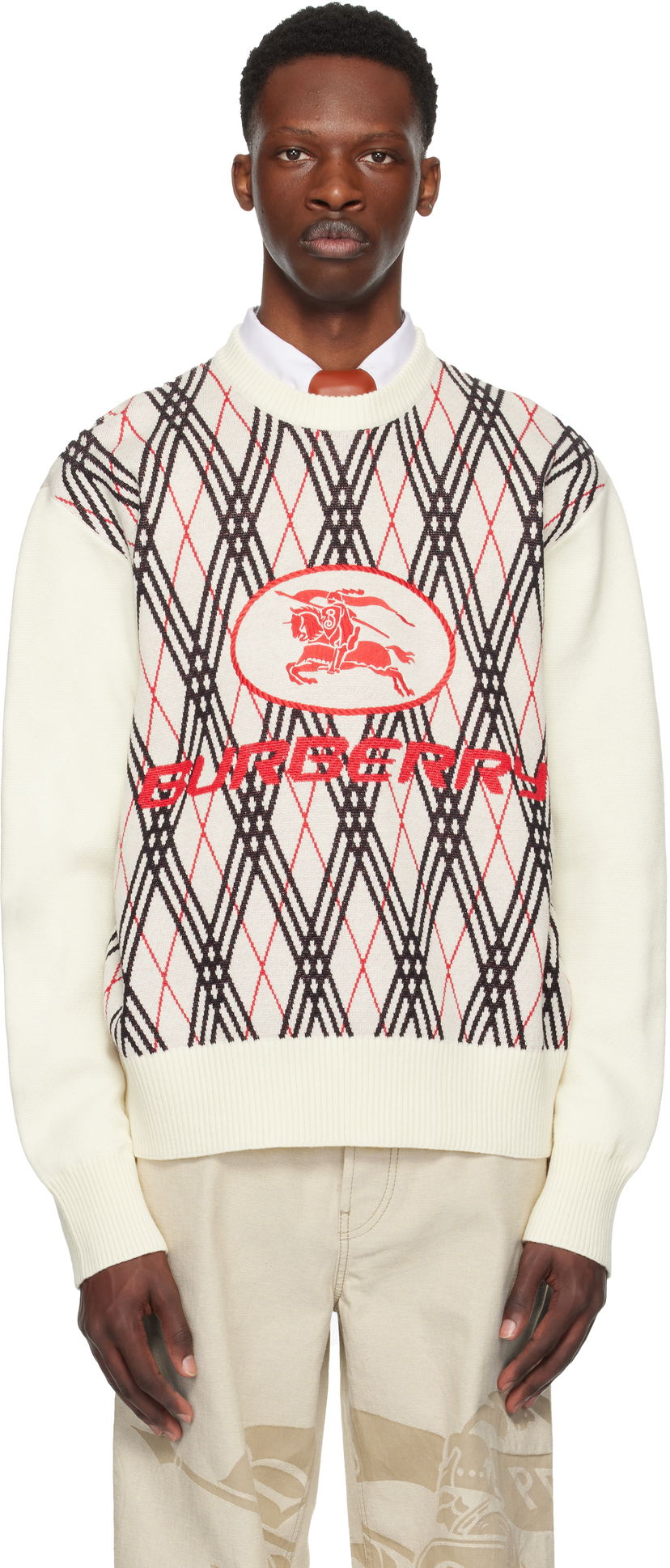 Sweater Burberry Burberry Argyle Check Wool Blend Sweater Hvid | 8110554