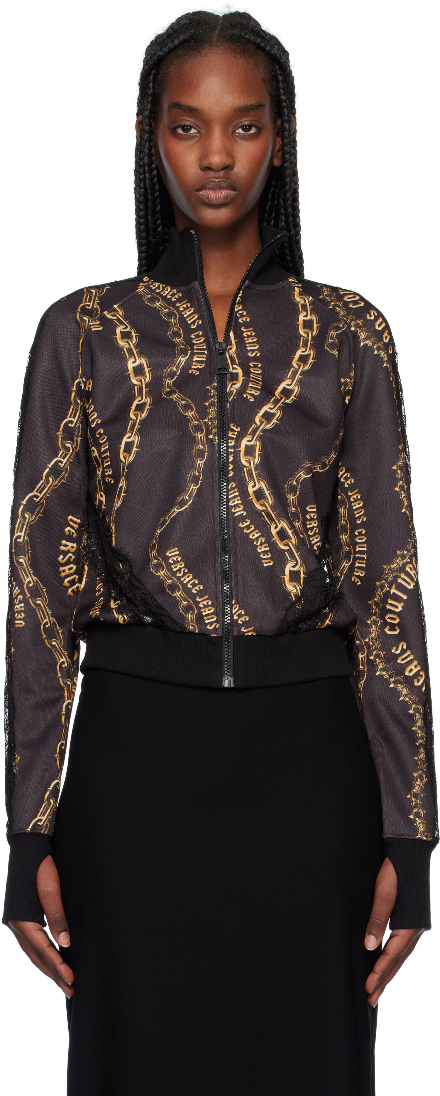Bomberjakke Versace Black & Gold Chain Couture Lace Zip Sweatshirt Sort | E77HAI301_EFS156, 0