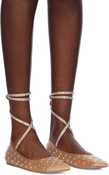 Kjole Amina Muaddi Amina Muaddi Ane Crystal Lace Up Ballerina Flats Beige | ANE CRYSTAL LACE UP FLAT SATIN, 3