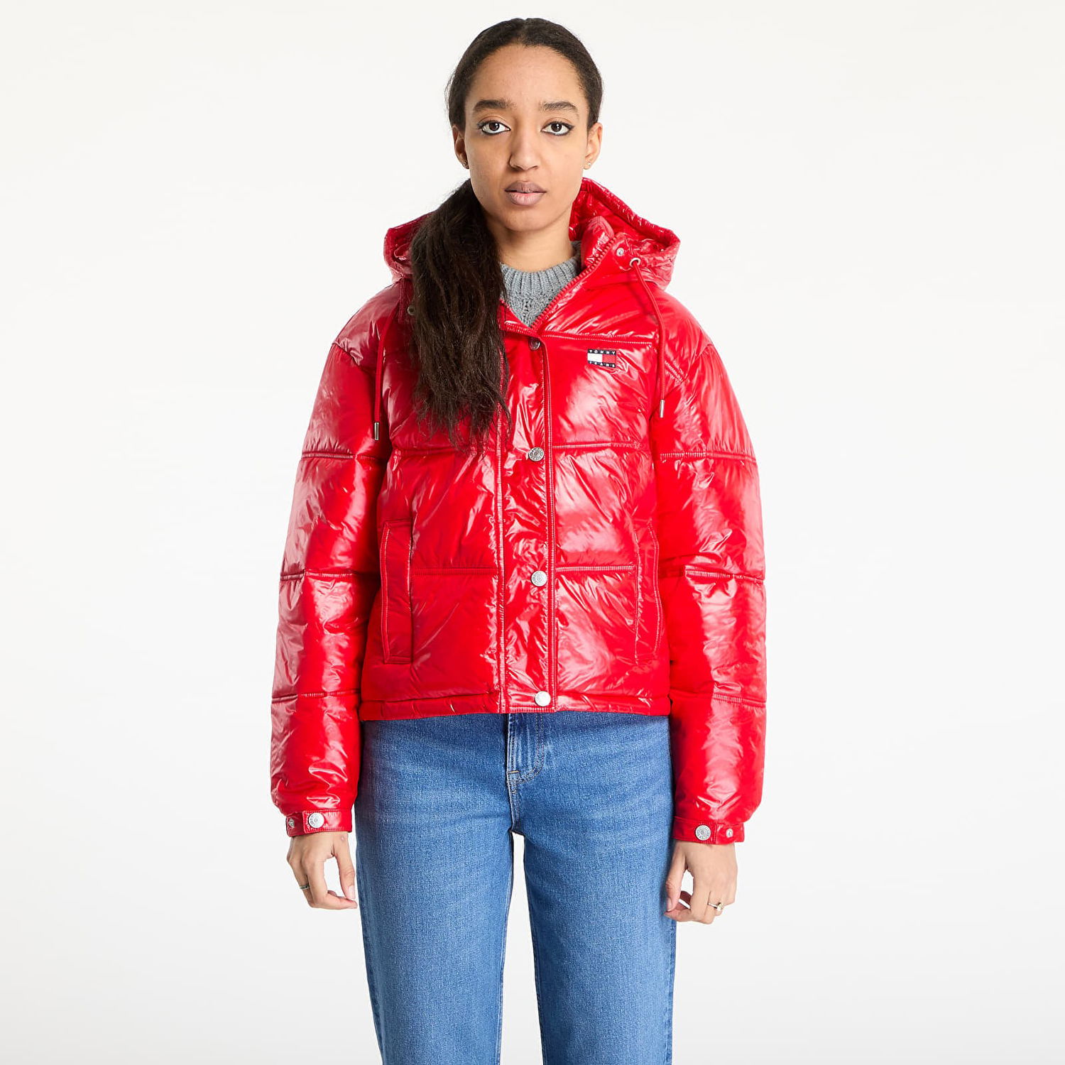 Puffer jakke Tommy Hilfiger Tommy Jeans Shiny Hooded Badge Jacket Rød | DW0DW20210 XME, 0